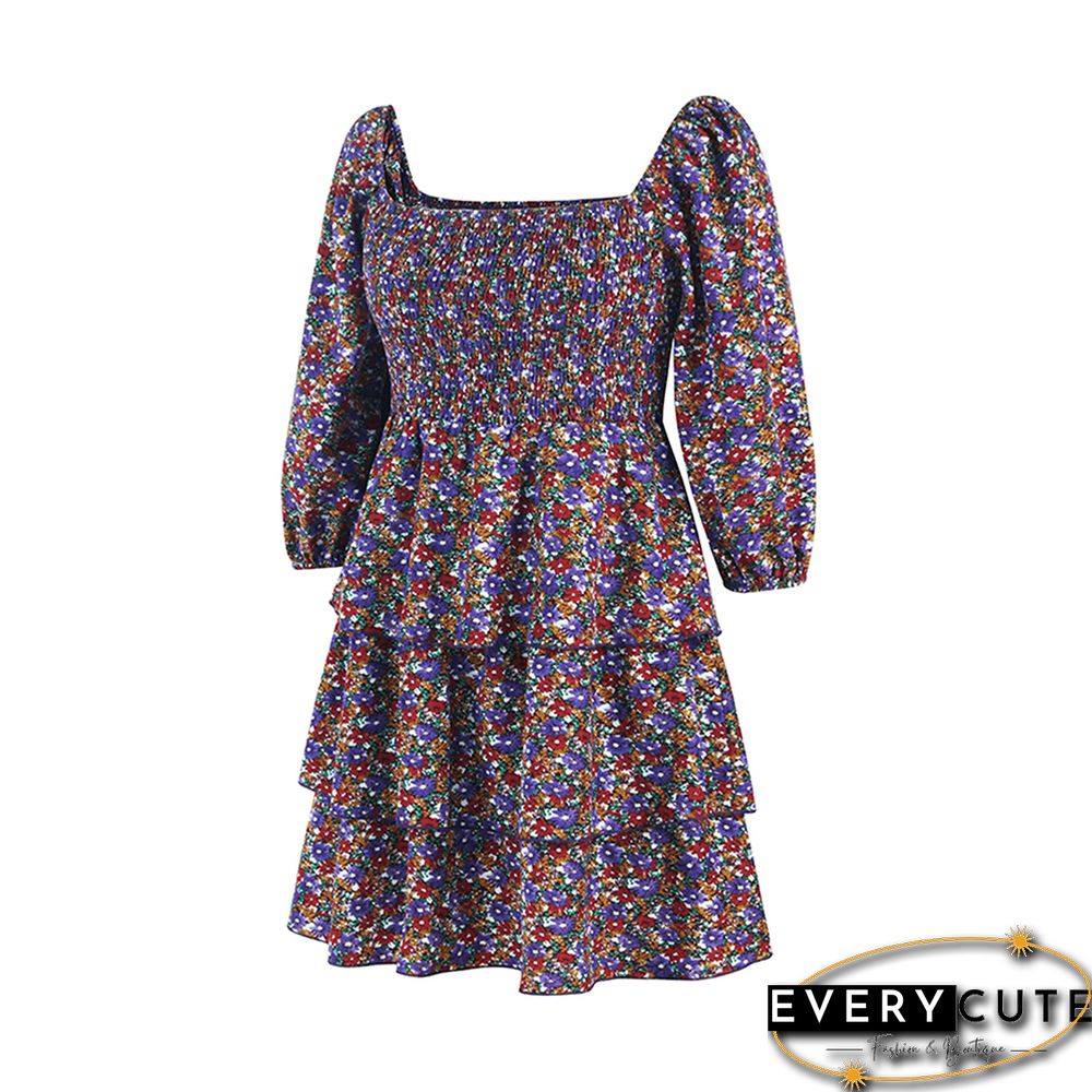 Purple Square Neck Layered Long Sleeve Floral Dress