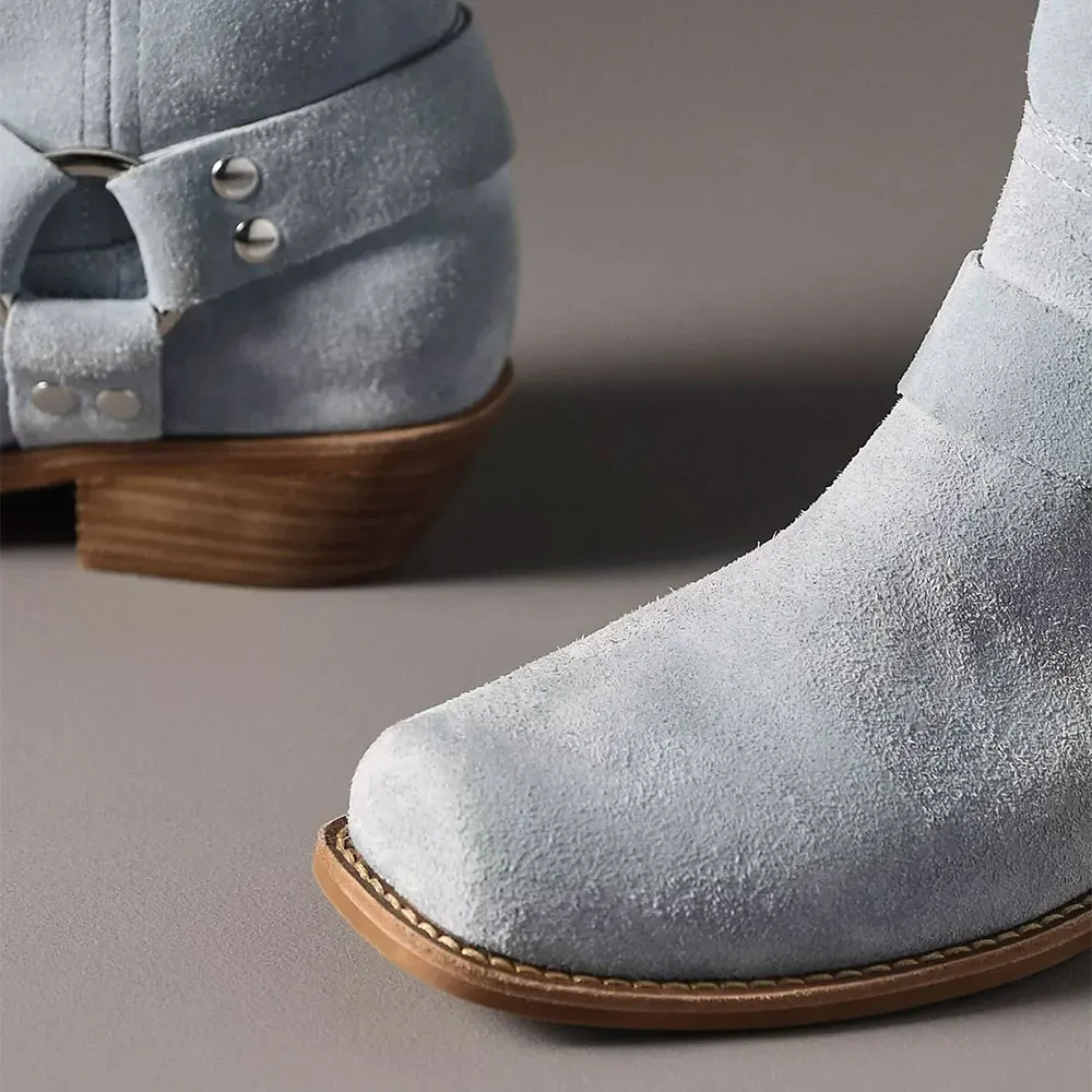 Short Dusty Blue Studded Ring Square Toe Vegan Suede Boots Women