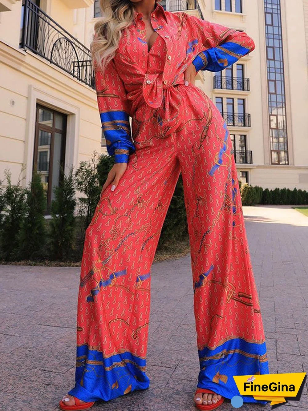 Women'S Sets Printed Long Sleeve Shirt & Straight Pants Two-Piece Set