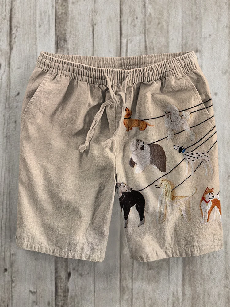 Men's Dog Walking On A Leash Art Print Casual Shorts