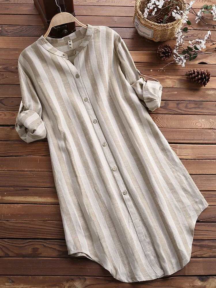 Striped Roll Tab A Line Long Blouse