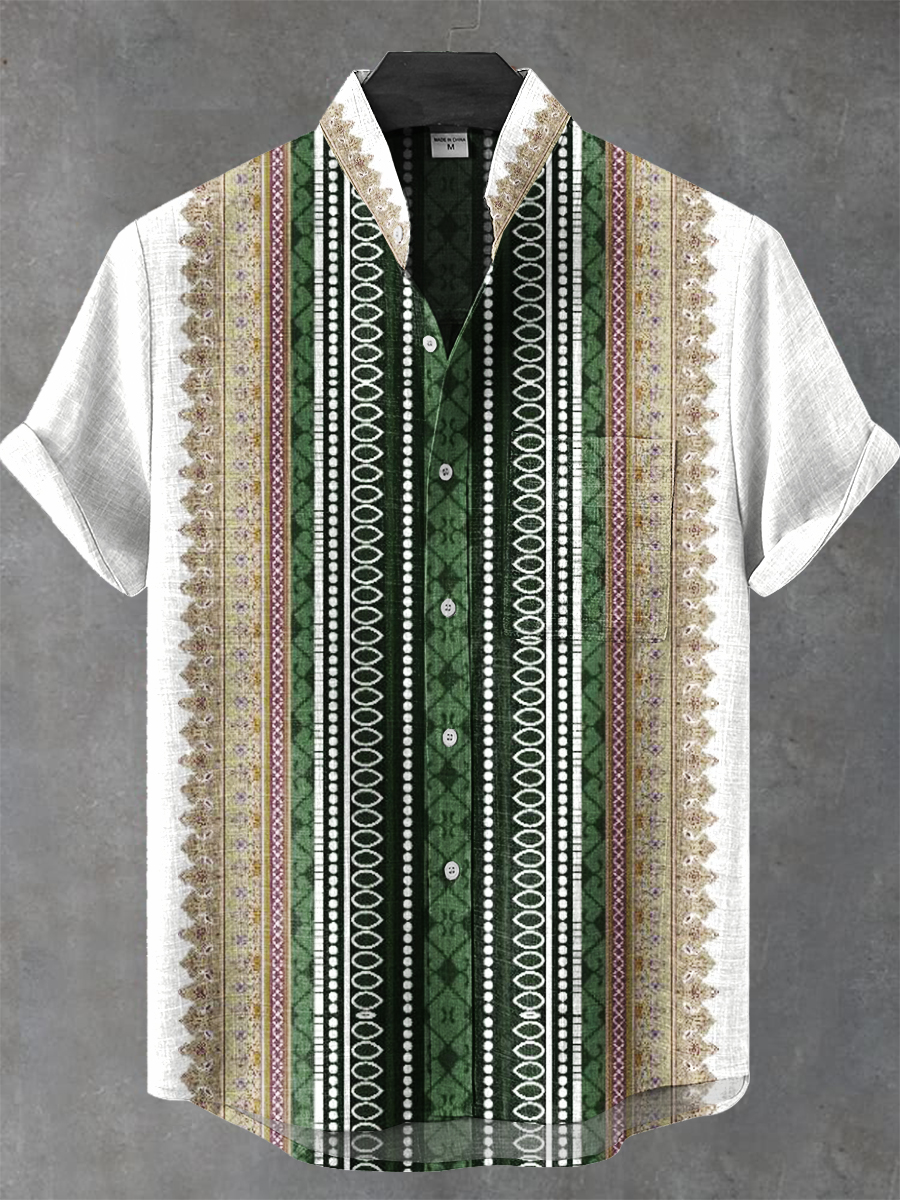 Bohemian Retro Stripes Art Print Casual 100% Cotton Shirt