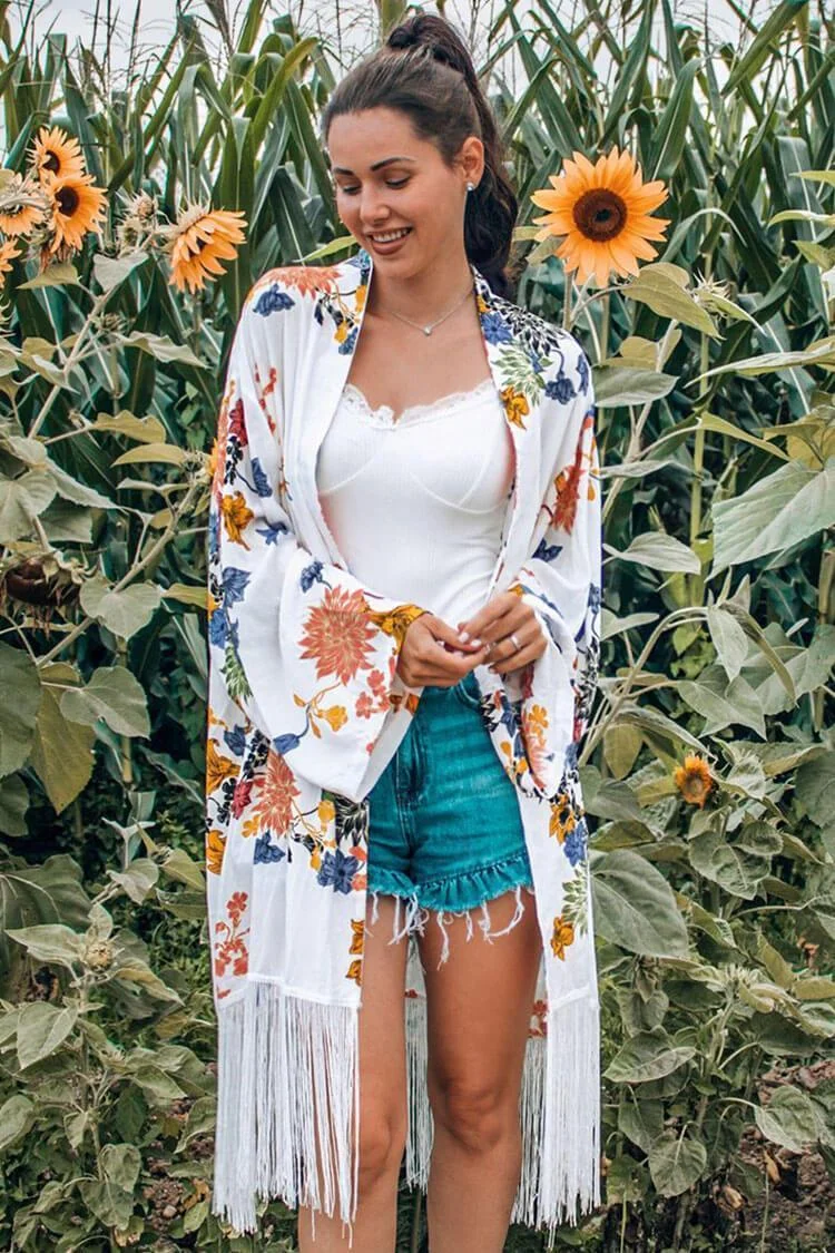 Boho Floral Print Tassel Chiffon Kimono Cover Up-elleschic