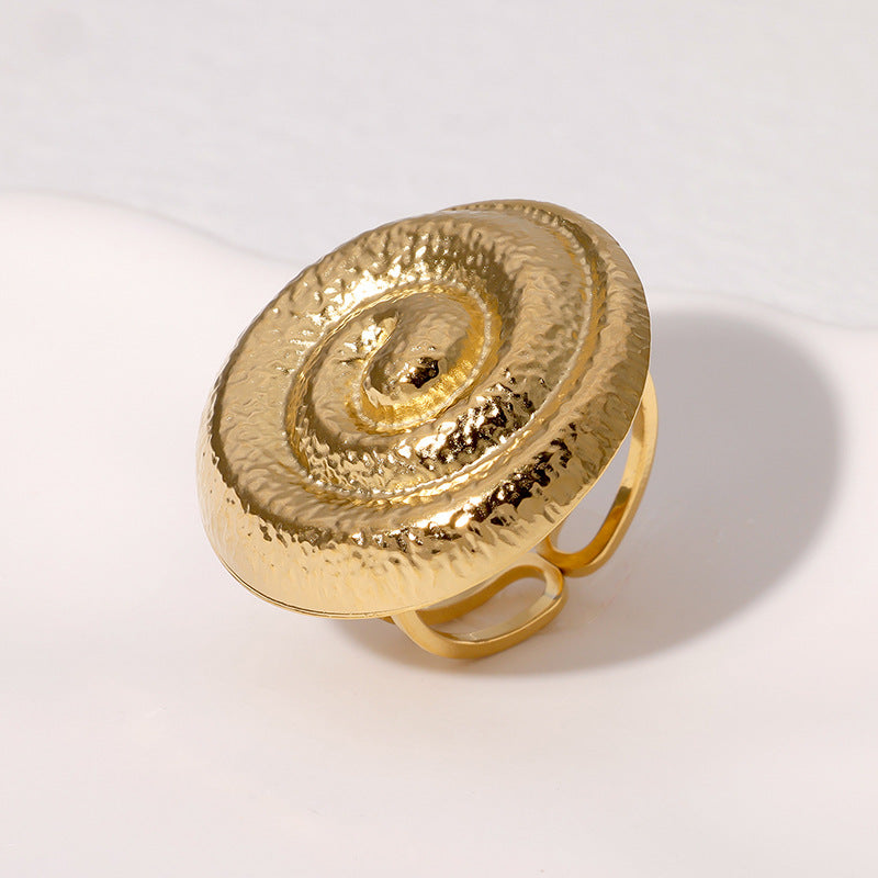Retro Fashion Spiral Ring Open Geometric Round French Antique Stainless Steel Gold-Plated Ring