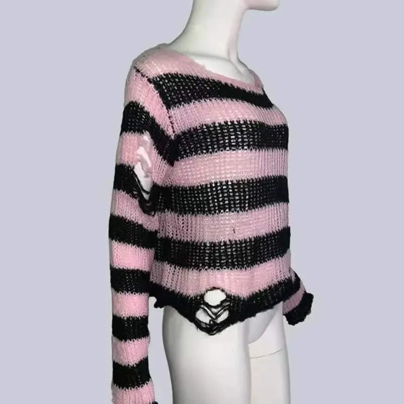 Punk Gothic Long Unisex Sweater 2020 Summer Women Striped Cool Hollow Out Hole Broken Jumper Loose Rock Thin Dark Streetwear Top 1029-1