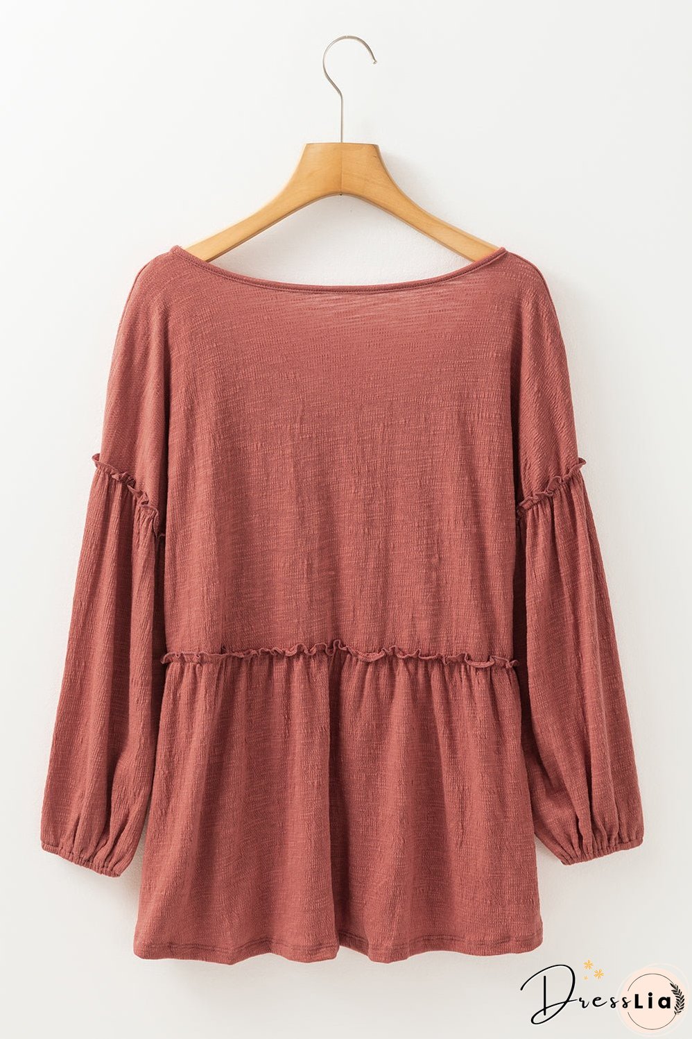 Mineral Red Solid Color Textured Frilled Trim V Neck Puff Sleeve Blouse