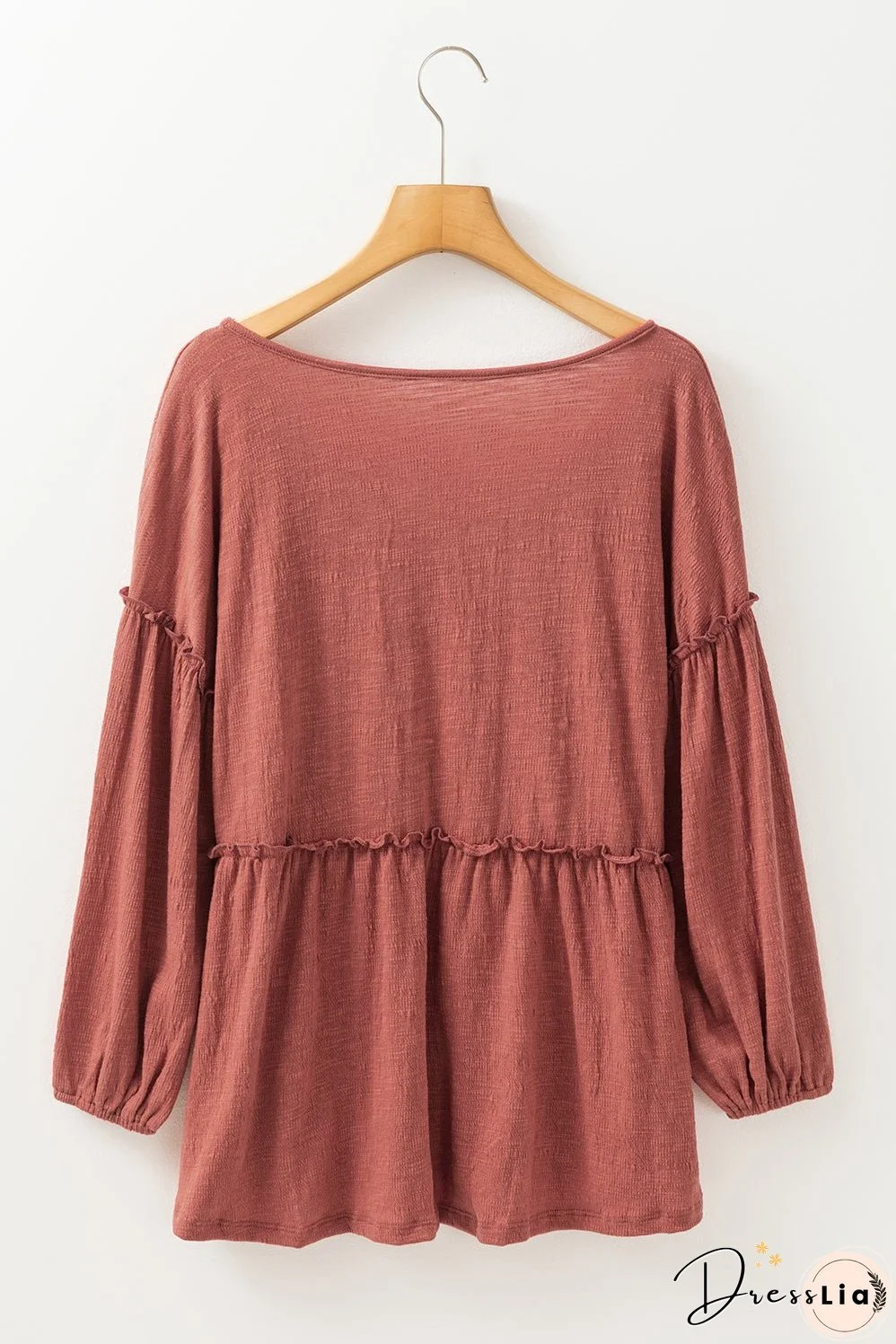 Mineral Red Solid Color Textured Frilled Trim V Neck Puff Sleeve Blouse