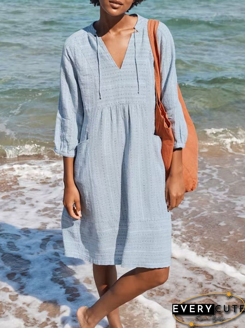 Sky Blue V-neck Lantern Sleeves Casual Mini Dress