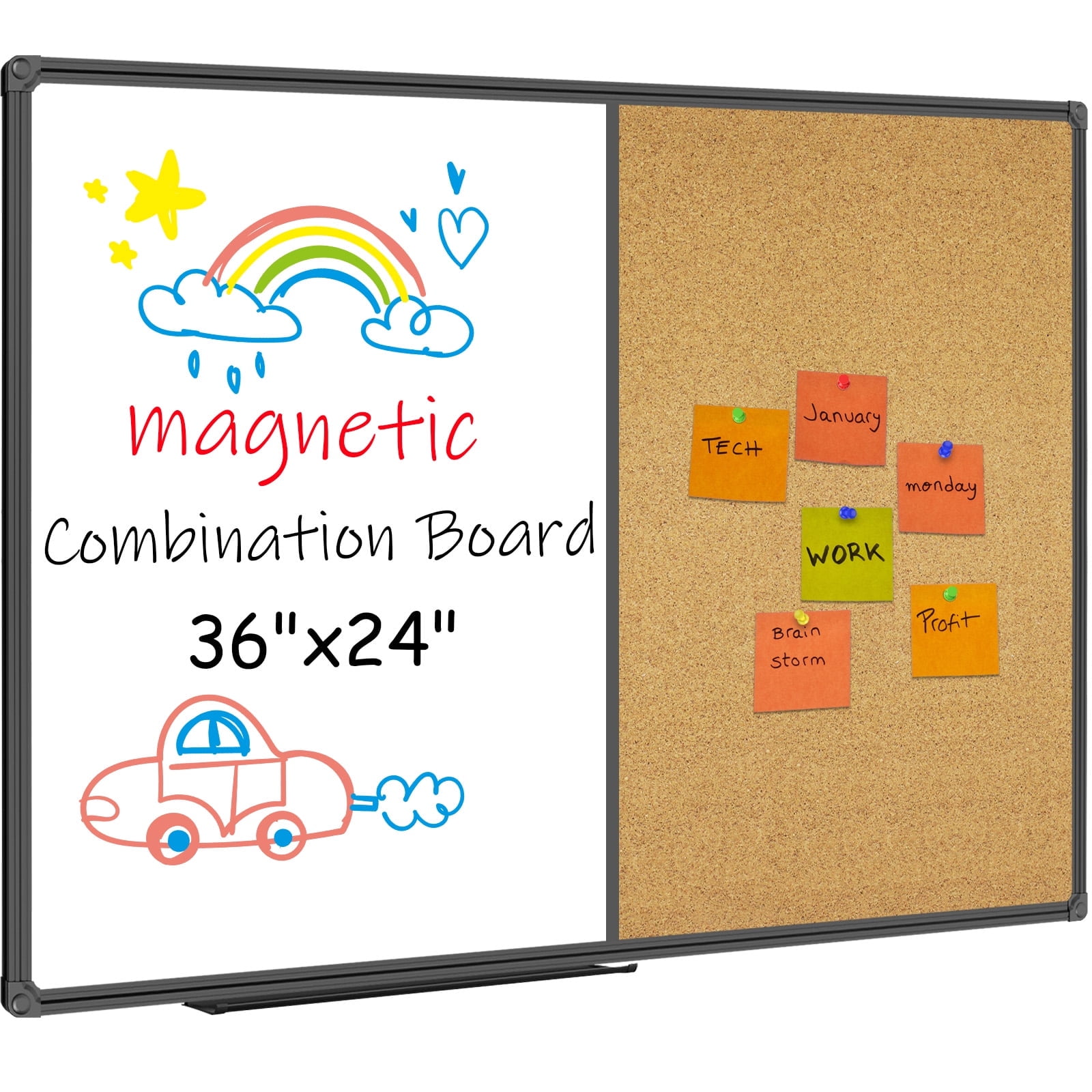 JILoffice 2 in 1 Combo Board, 36" x 24", Black Aluminum Frame, Magnetic, with 10 Push Pins, Marker Tray