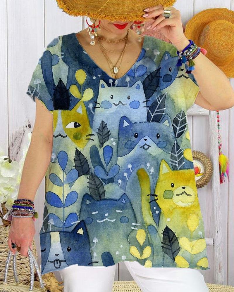 Casual Cat Printed V Neck T-shirt