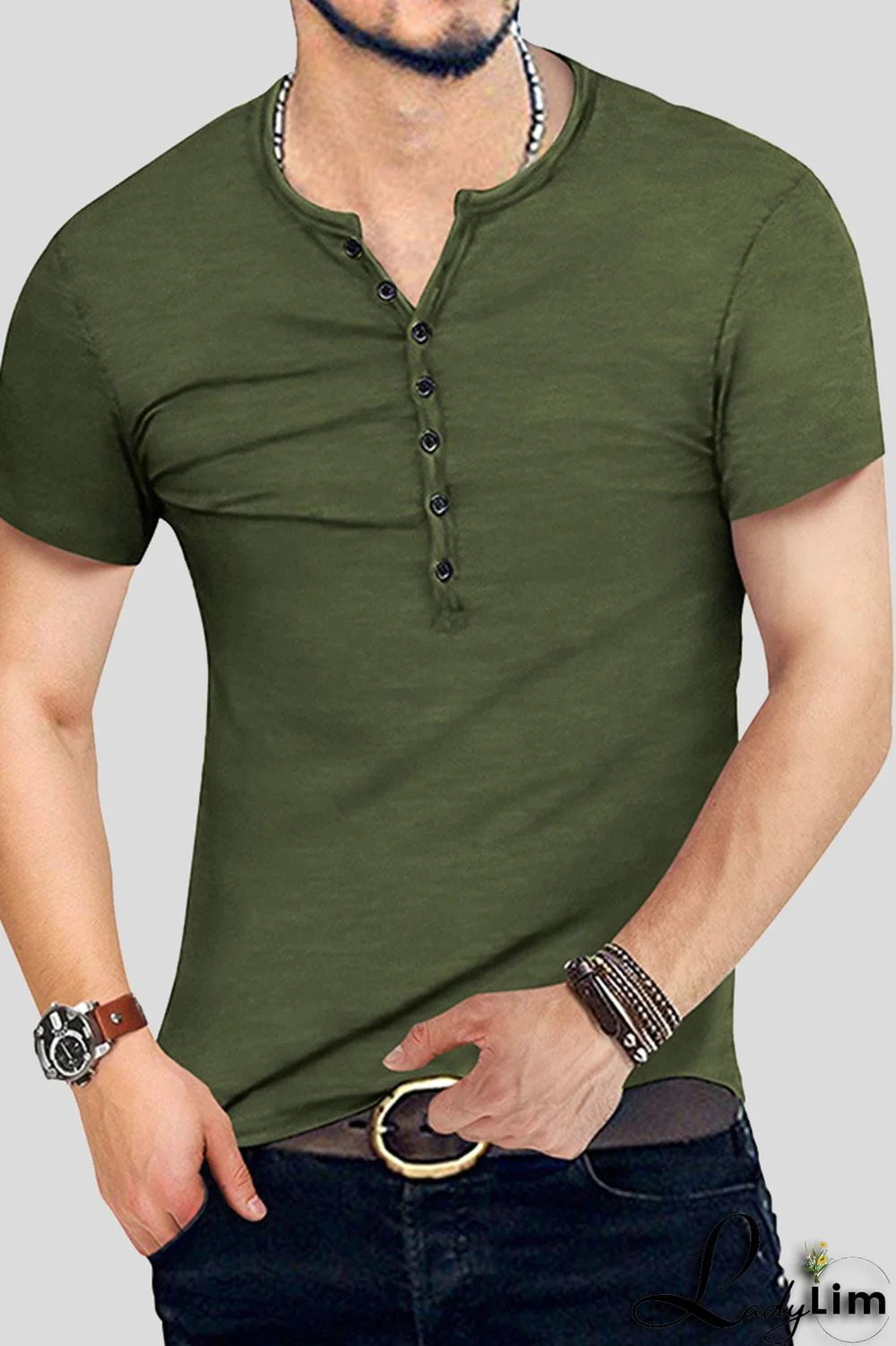 Army Green Fashion Casual Solid Basic V Neck Men's Tops