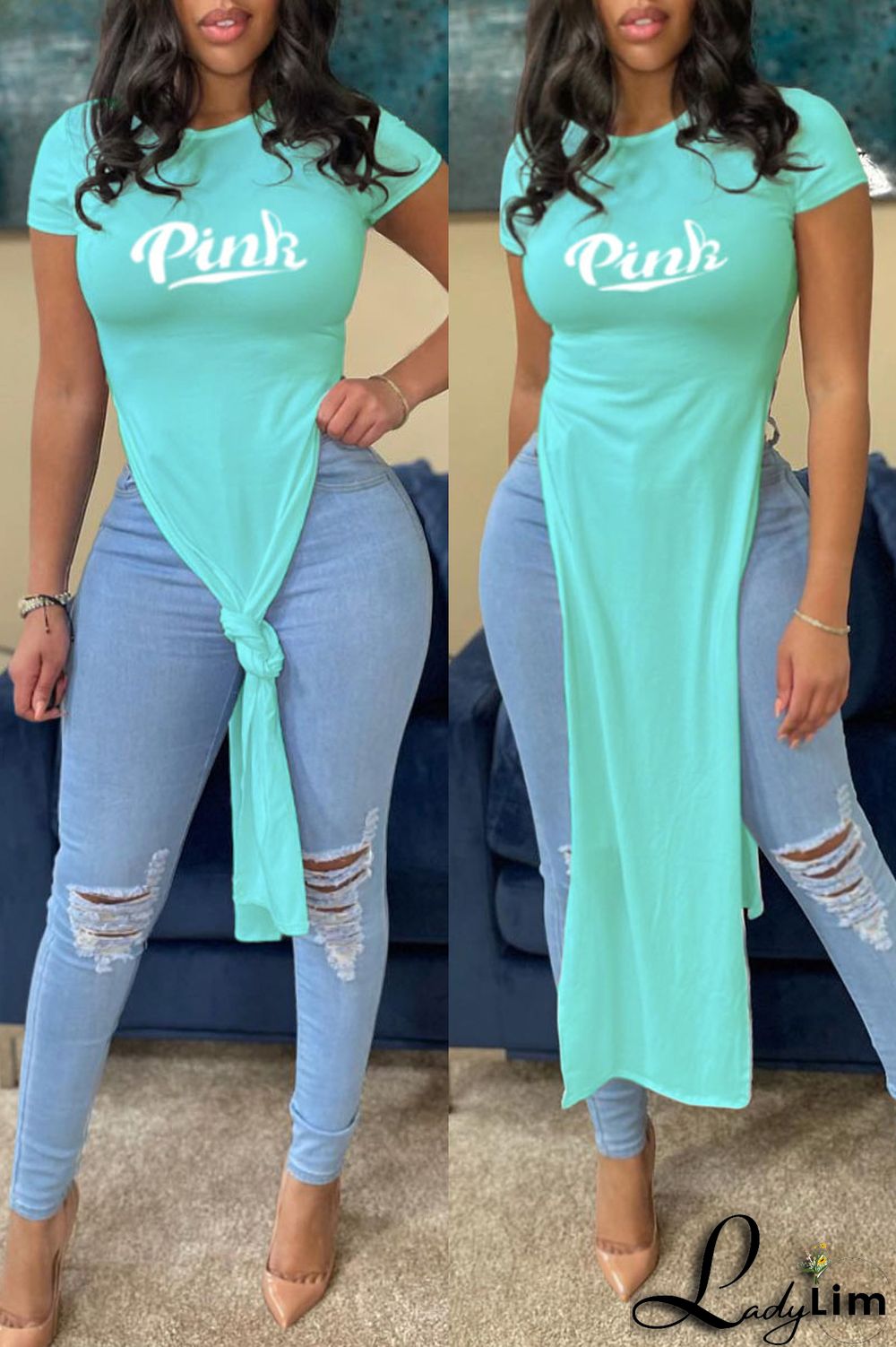 Orange Fashion Casual Letter Print Slit O Neck T-Shirts