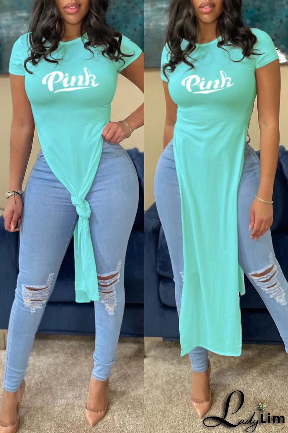 Orange Fashion Casual Letter Print Slit O Neck T-Shirts