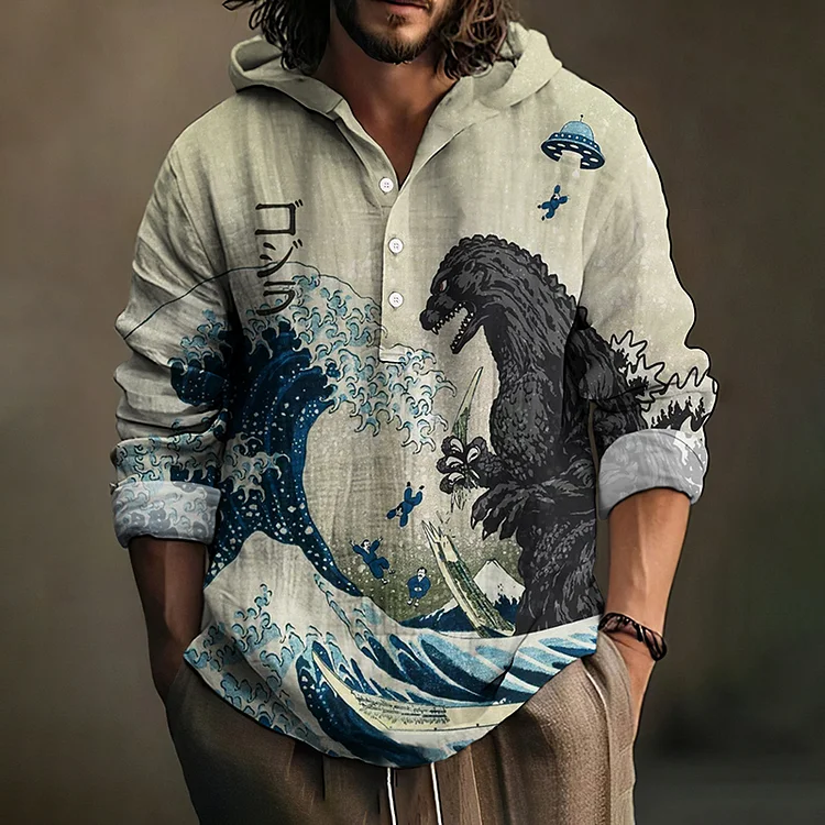 The Great Waves And Godzilla Japanese Art Linen Hooded Long Sleeve Shirt