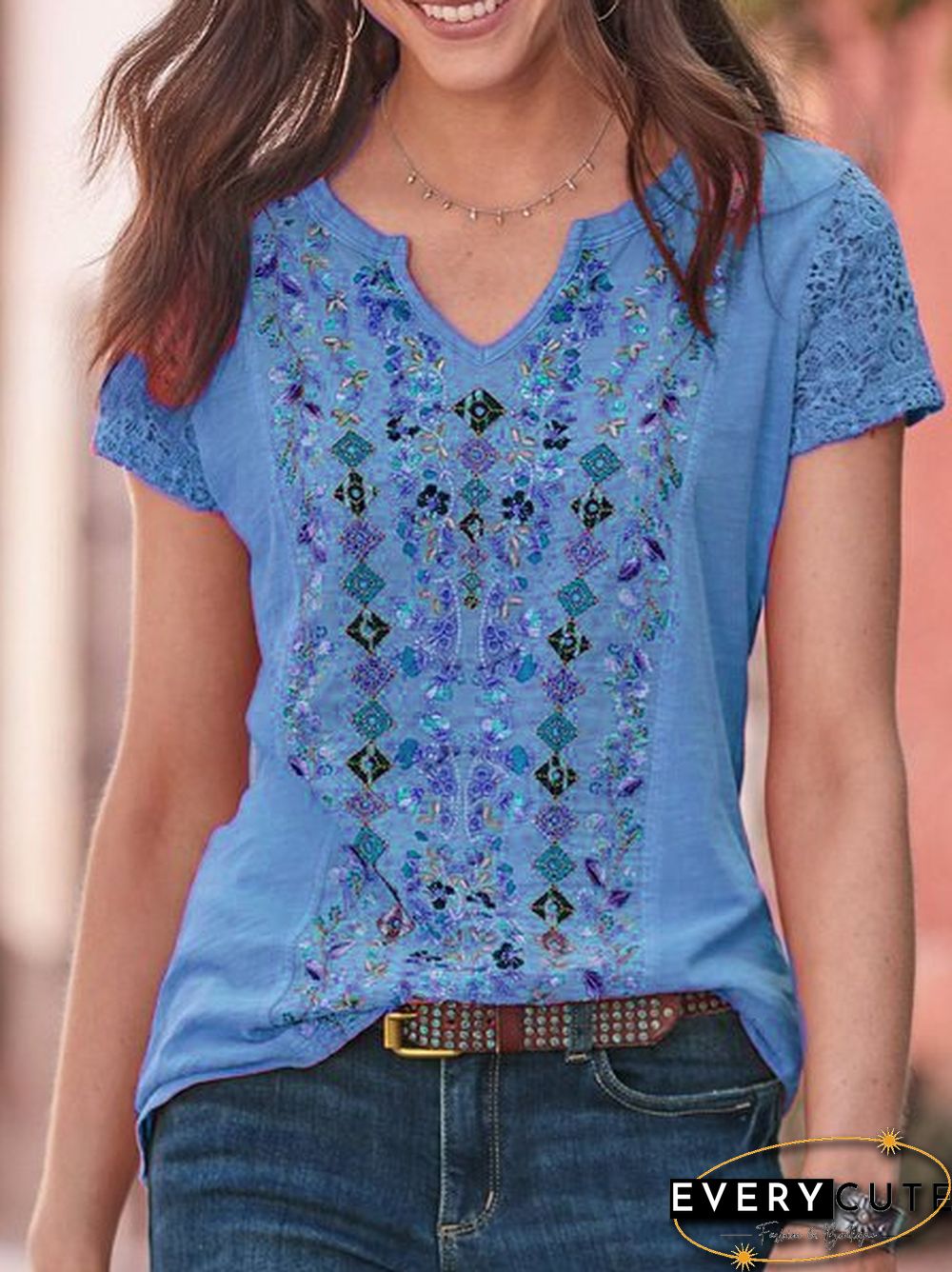 Women Vintage Boho Plain Crew Neck T-shirt