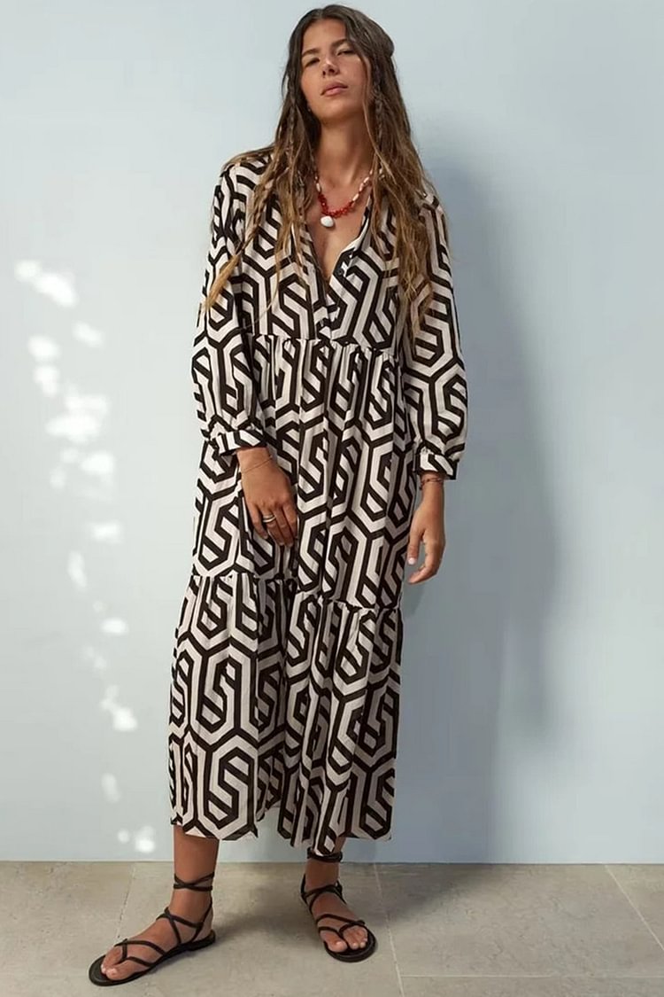 Graphic Print Lapel Button Long Sleeve Midi Dress