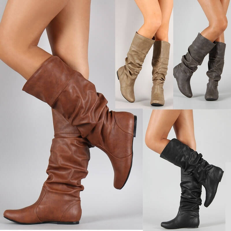 VCSHOES Leather Mid Calf Fold Flat Boots