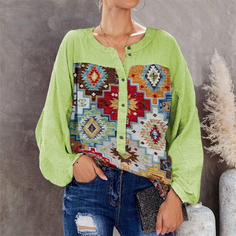 Women's Shirt Round Neck Shirt Button Retro Rrinting Long-sleeved