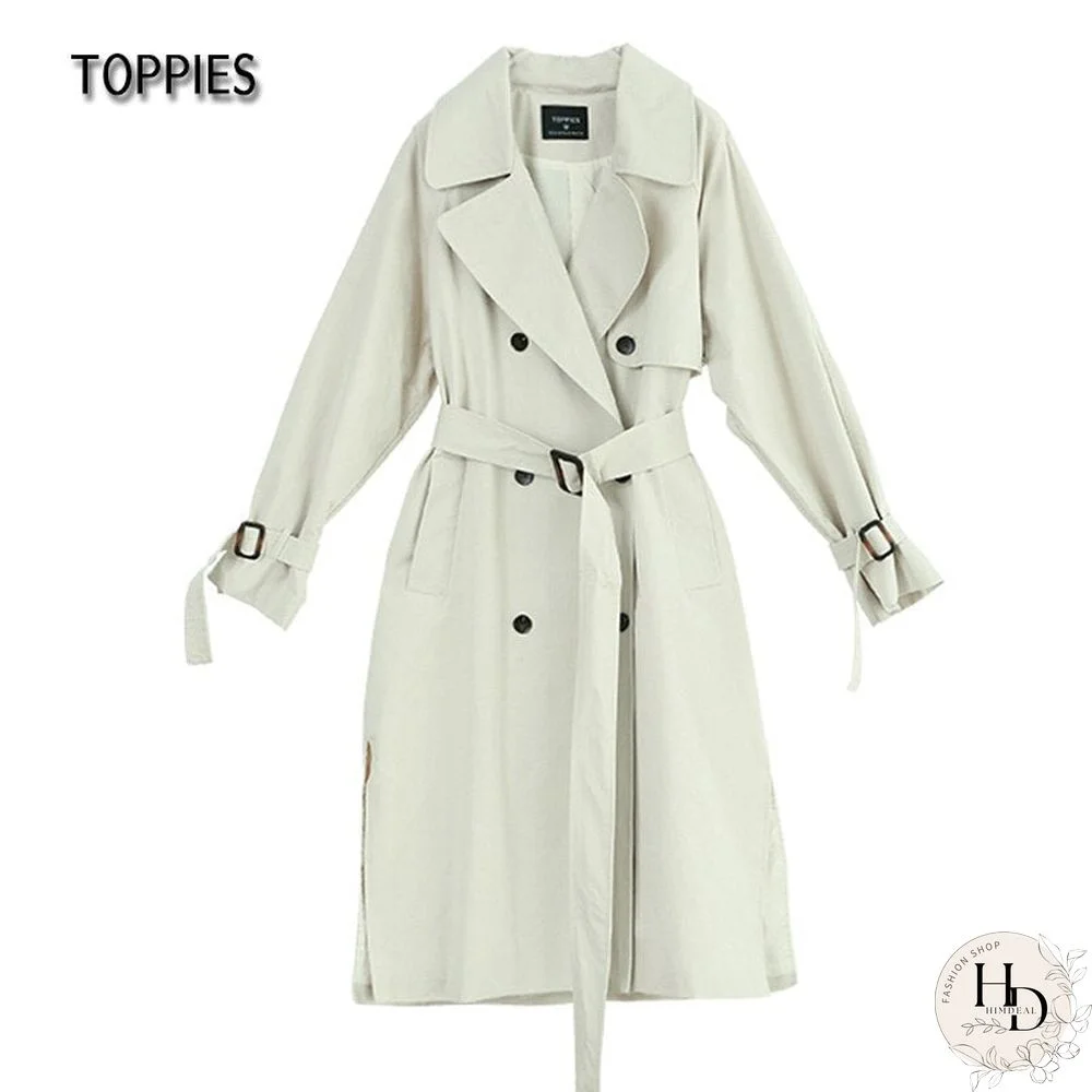 Toppies Long Trench Coat 100% cotton Loose Oversized Women's Trench Coat Double-Breasted Belted Lady Cloak Windbreaker