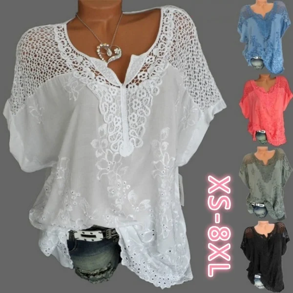 Women Fashion Loose Lace Blouse V Neck Bat Sleeves T Shirt Hollow Out Tops Plus Size