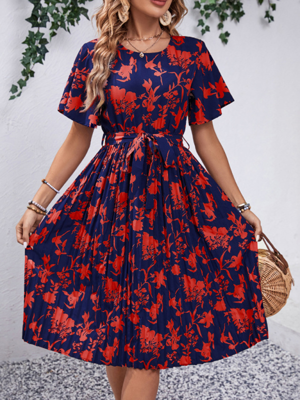 Mature Women Casual Summer New Round Neck Waist Floral Pattern Print Dress