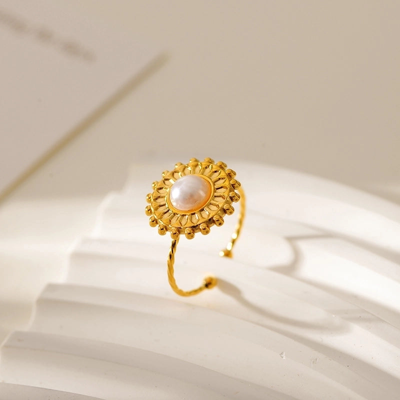 Beach Round Starfish 304 Stainless Steel Pearl 18K Gold Plated Plating Inlay Open Rings