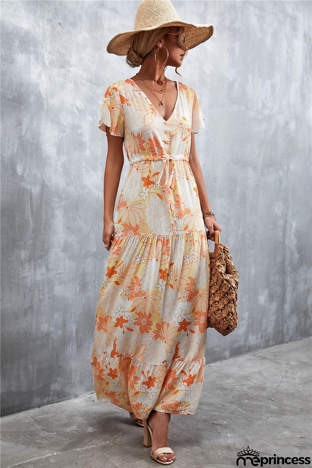 Floral Buttoned Drawstring Waist Tiered Dress