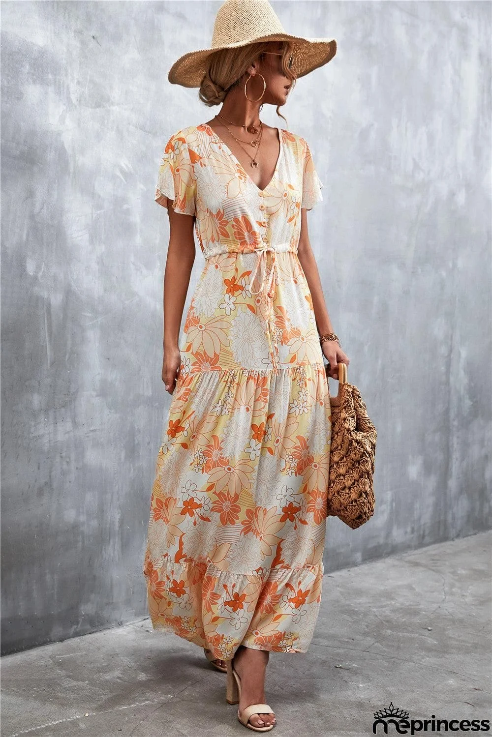 Floral Buttoned Drawstring Waist Tiered Dress
