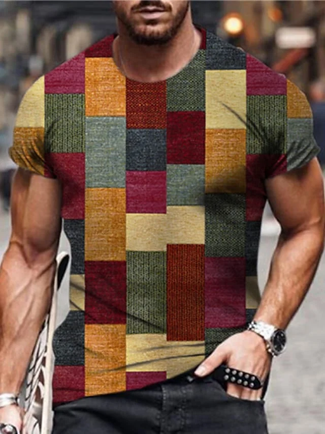 Men's Unisex T shirt Tee Plaid Color Block Graphic Prints Crew Neck Red 3D Print Outdoor Street Short Sleeve Print Clothing Apparel Sports Designer Casual Big and Tall / Summer / Summer