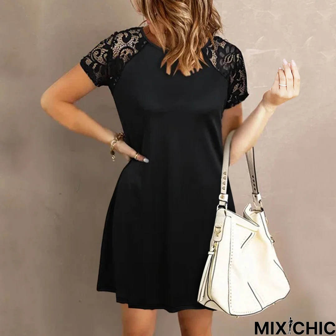 Patchwork Short Sleeved Lace Dress Black Dresses