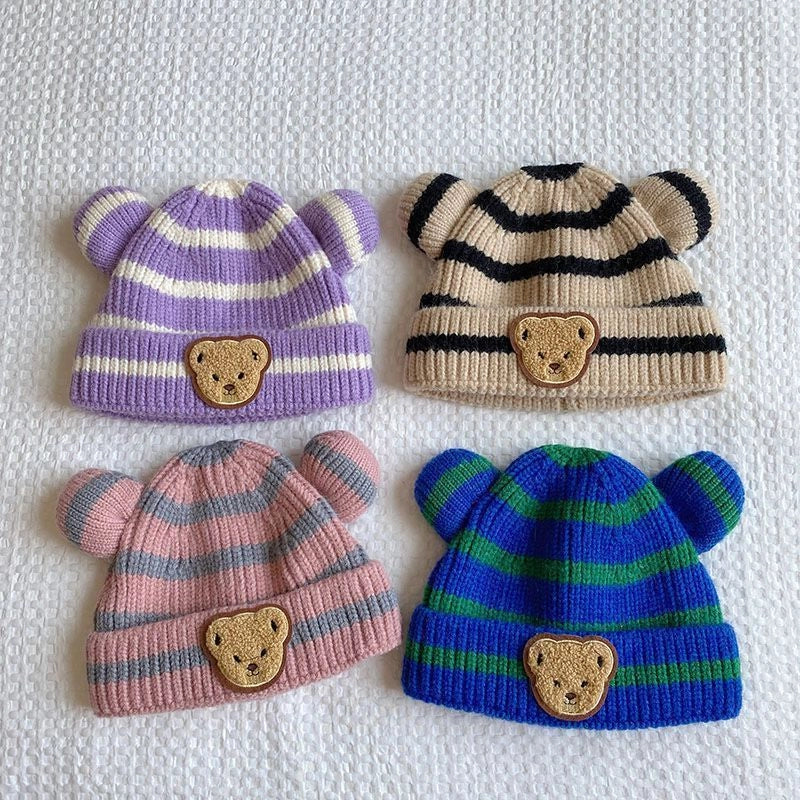 Autumn And Winter Children’s Warm Hat Cute Striped Bear Hat Korean Baby With Double Ball Knitted Hat Men’s And Women’s Treasure Hat