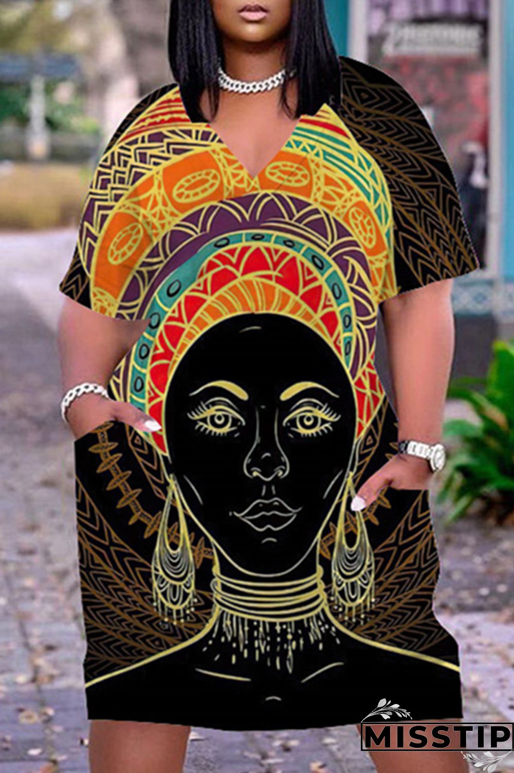 Blue Black Fashion Casual Print Basic V Neck Short Sleeve Dress