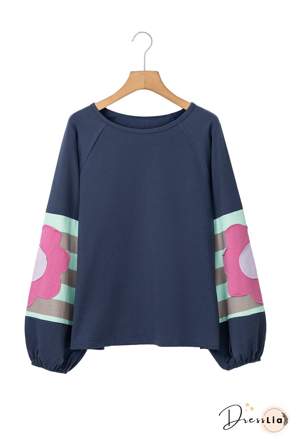 Sail Blue Flower Patchwork Raglan Sleeve Exposed Seam Oversized Top
