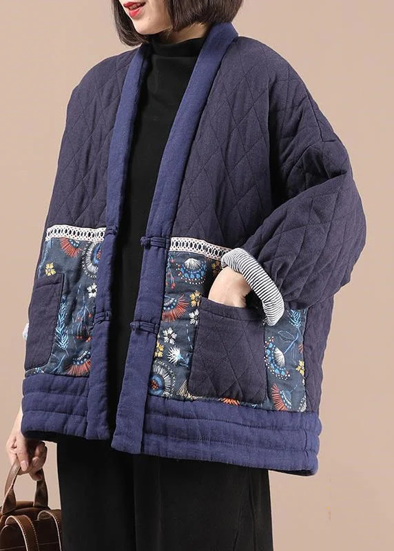Navy Pockets Print Fine Cotton Filled Witner Coat V Neck Winter