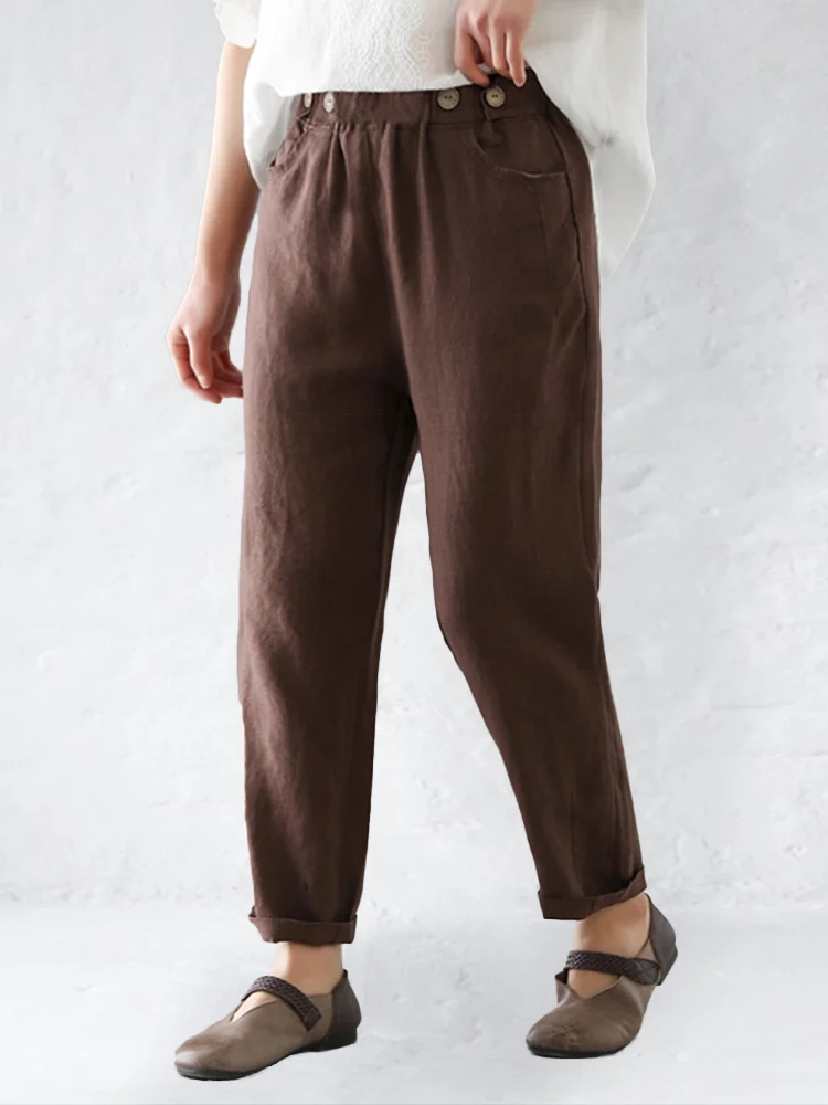 Button Elastic Waistband Linen Cropped Pants