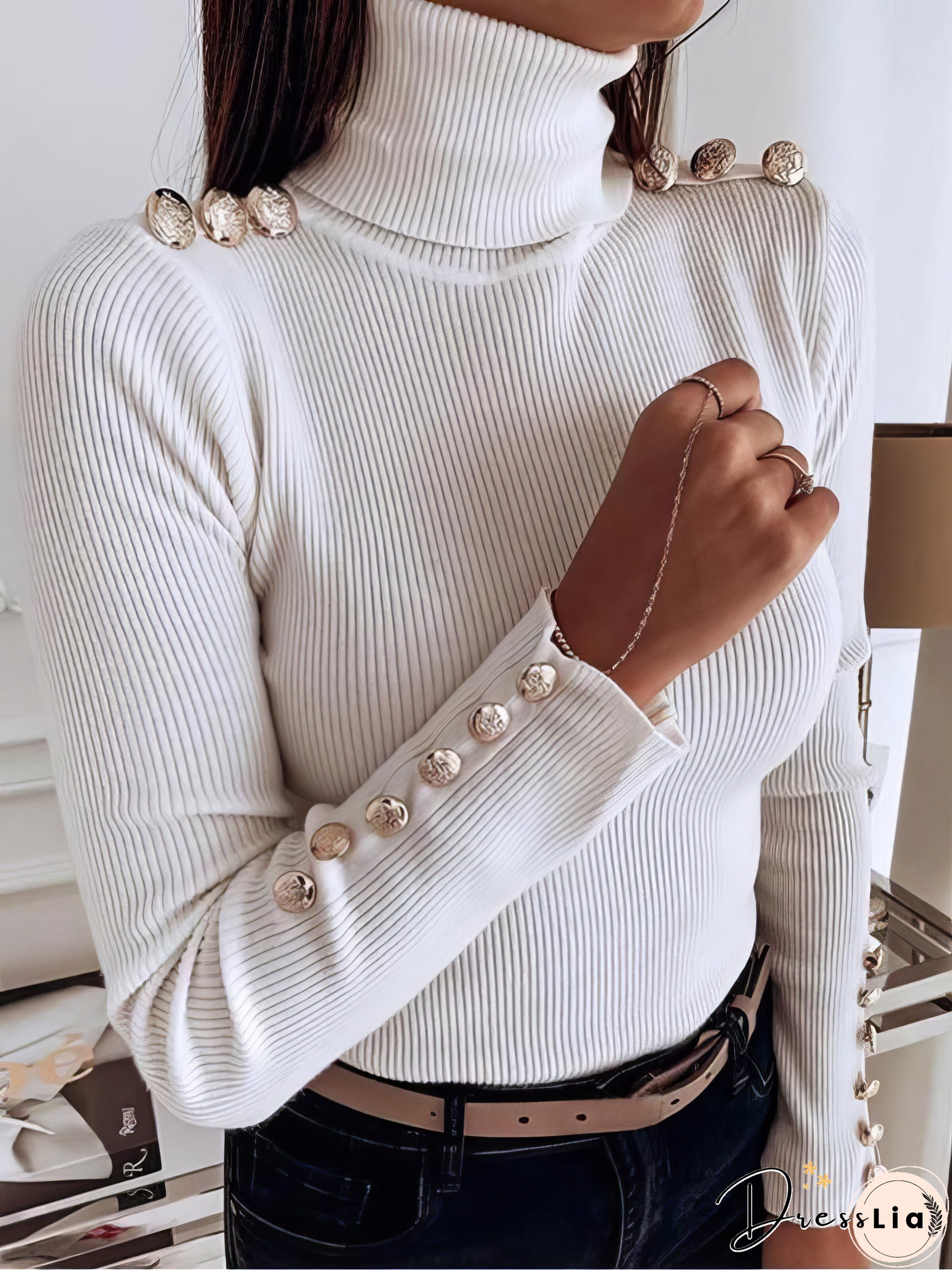 Solid Turtleneck Button Long Sleeve Sweater
