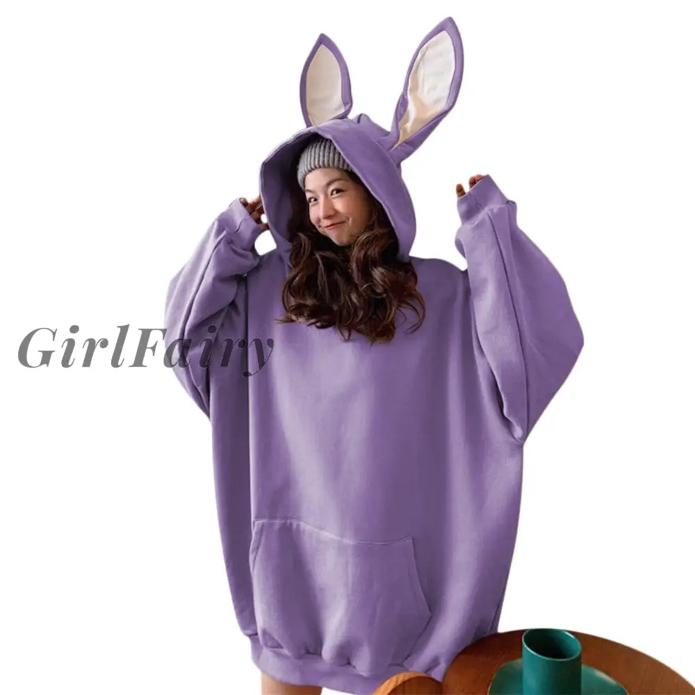 Women Hooded Tops Long Sleeve V Neck Lovely Rabbit Ear Kangaroo Pockets For Casual Party Street Fall