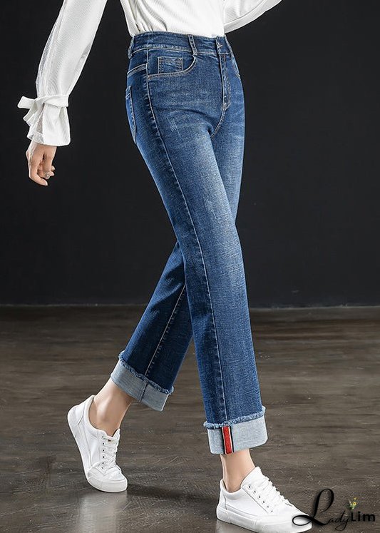 Fashion Navy Solid High Waist Cotton Straight Pants Summer
