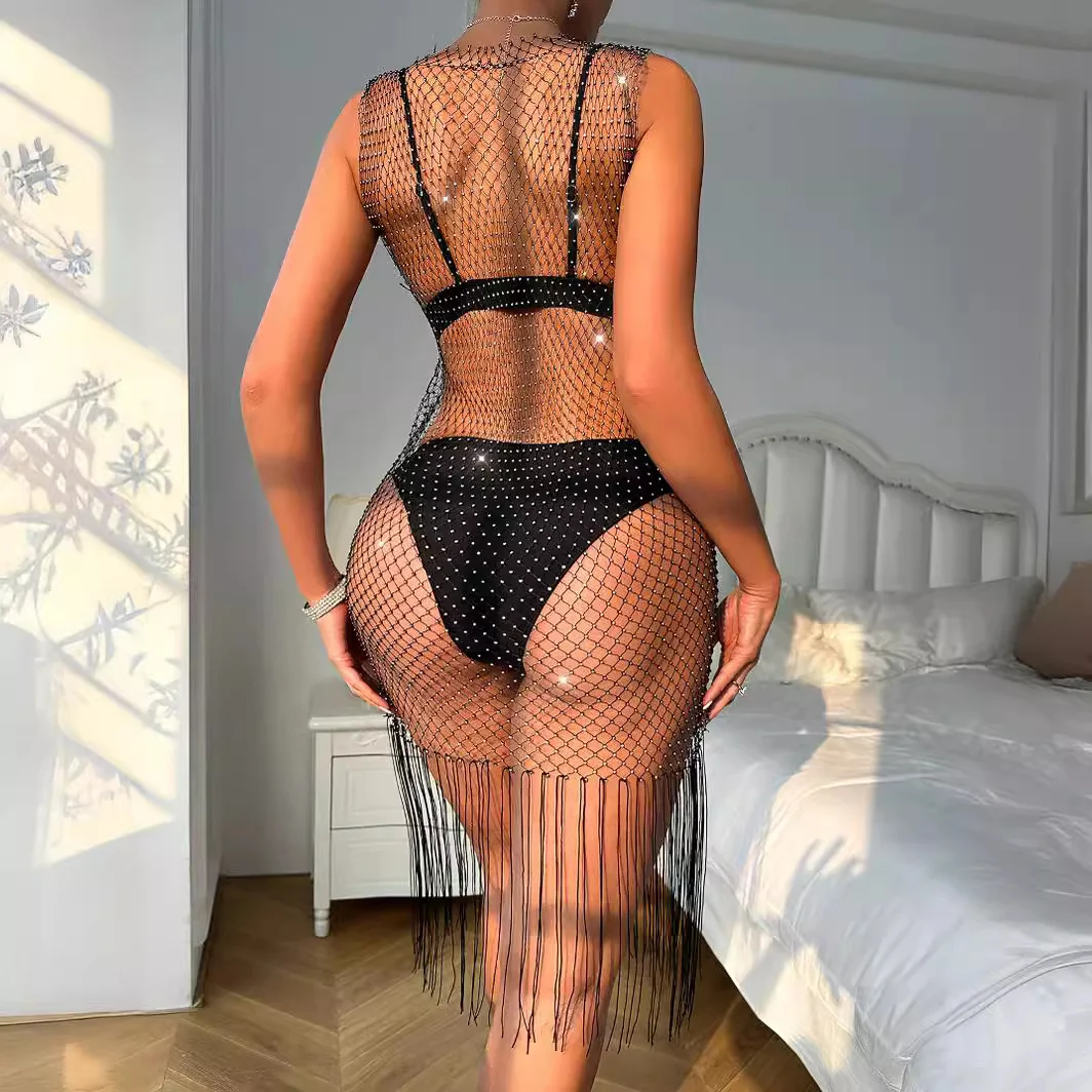 Uveng Uveng Women Wear Flash Mesh Fishnet Tassel V Collar Sexy Bikini Hood Dress 22251