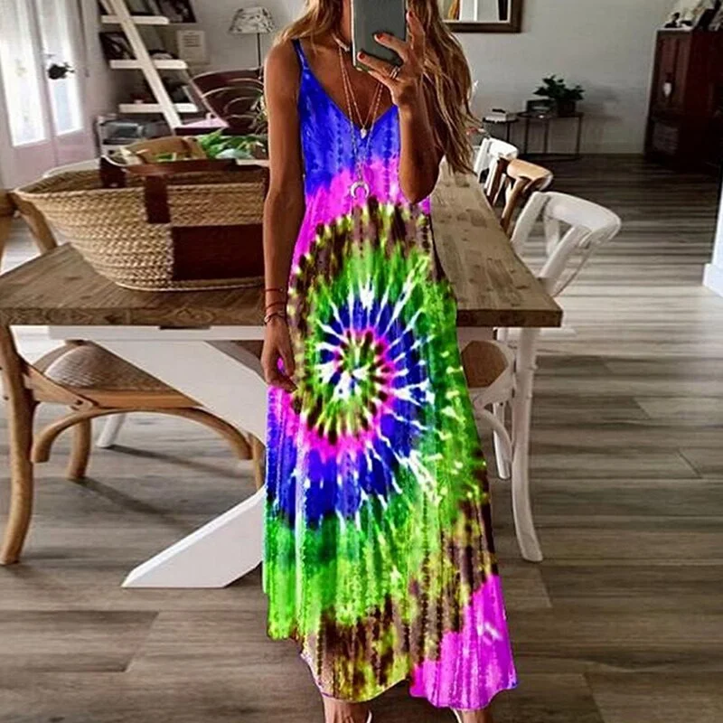 Women Rainbow Print Dress Casual Spaghetti Strap V-Neck Colorful Maxi Dress Sexy Tie Dyeing Printed Plus Size Female Long Dress