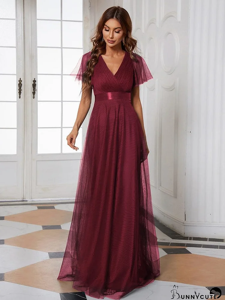 Flutter Sleeve A-Line V-Neck Floor-Length Dress for Women's Bridesmaid
