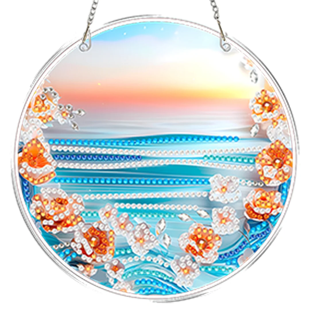 4pcs Beach Flowers DIY 2D Flat Acrylic Diamond Painting Kits Diamond Art Pendant