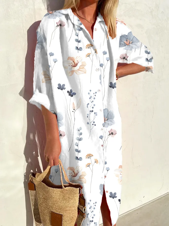 Plus Size Lapel Long Sleeve Floral Print Shirt Dress VangoghDress