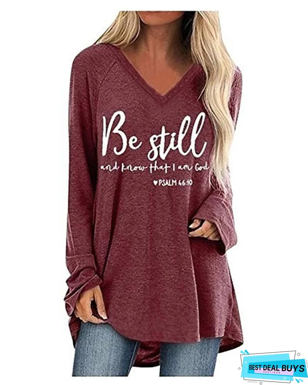Women's Plus Size T-Shirt Letter Long Sleeve V Neck Tops Loose Cotton Basic Top Black Wine Camel