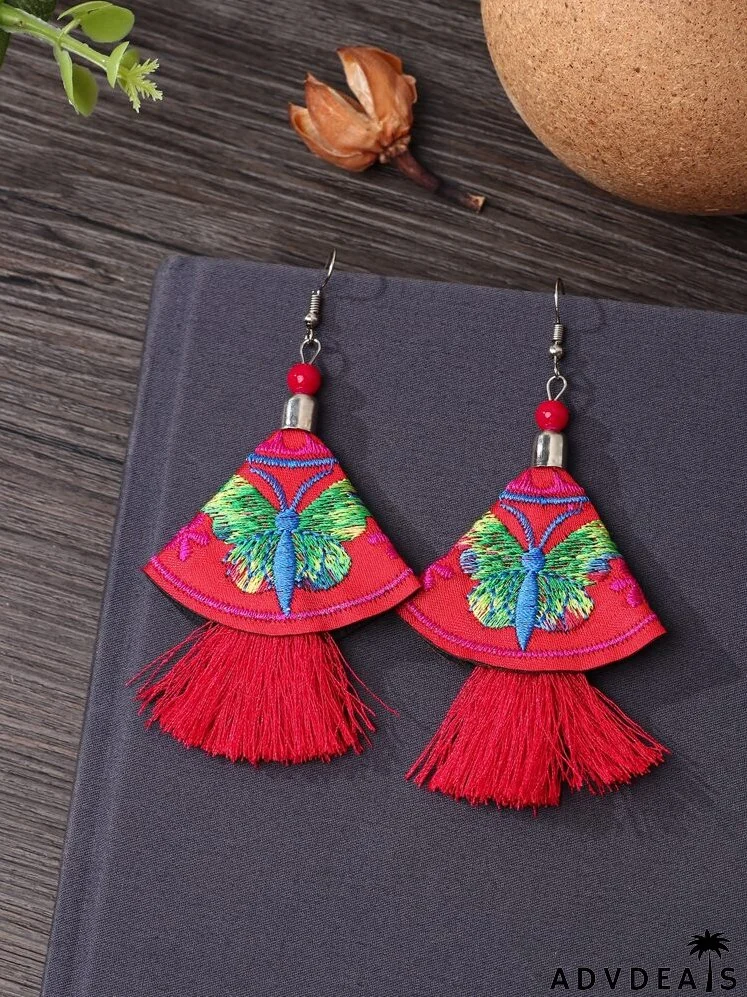 Butterfly Embroidered Tassel Drop Earrings