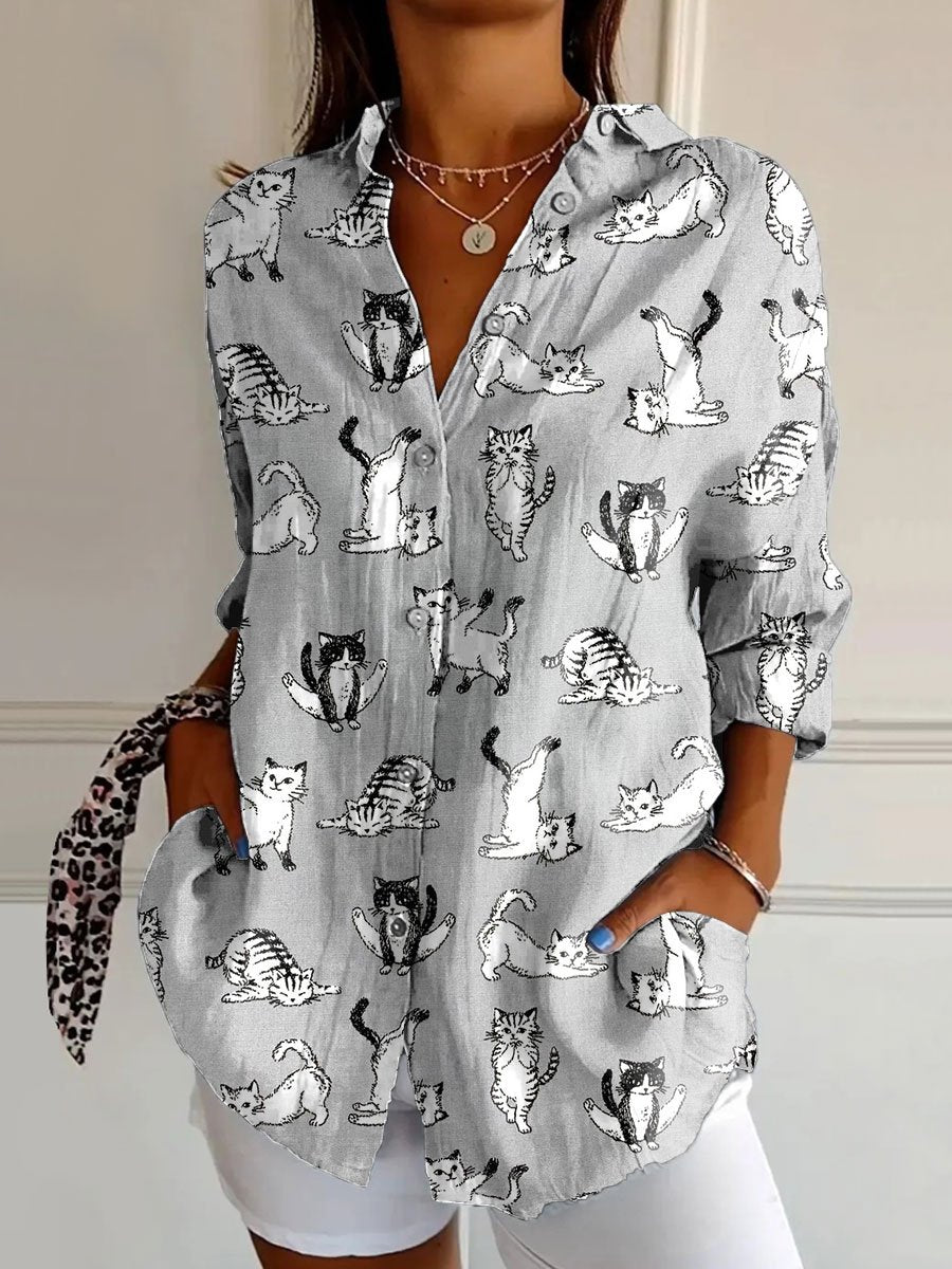 Women's Yoga Cat Art Print Casual Cotton Shirt