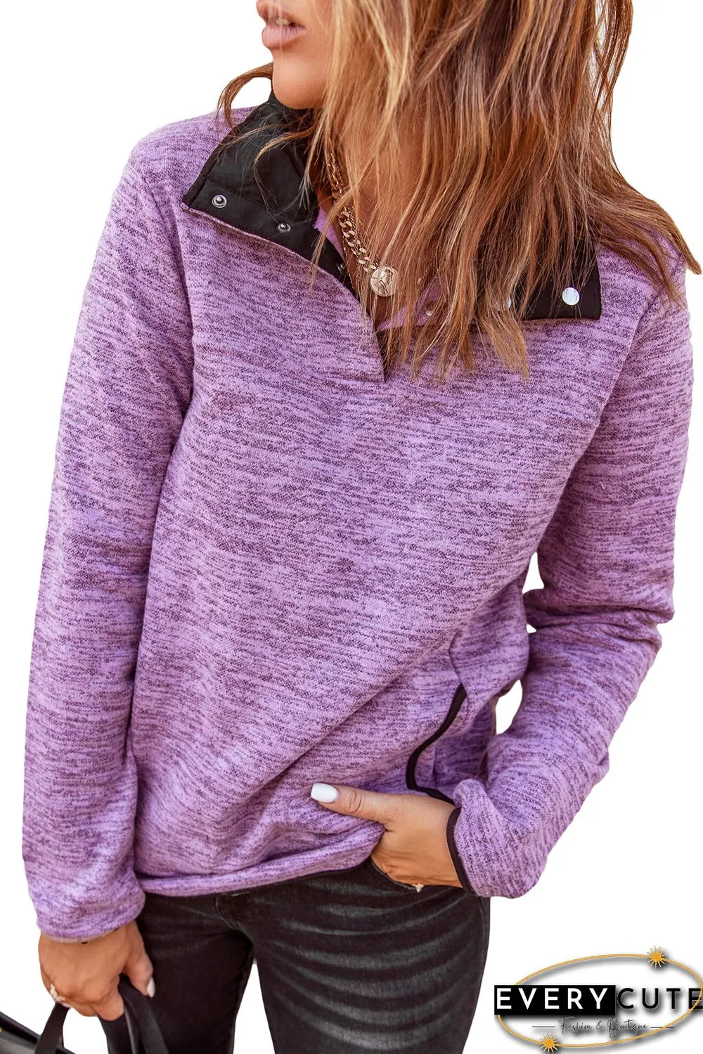 Purple Heathered Turn-down Collar Pullover Sweatshirt
