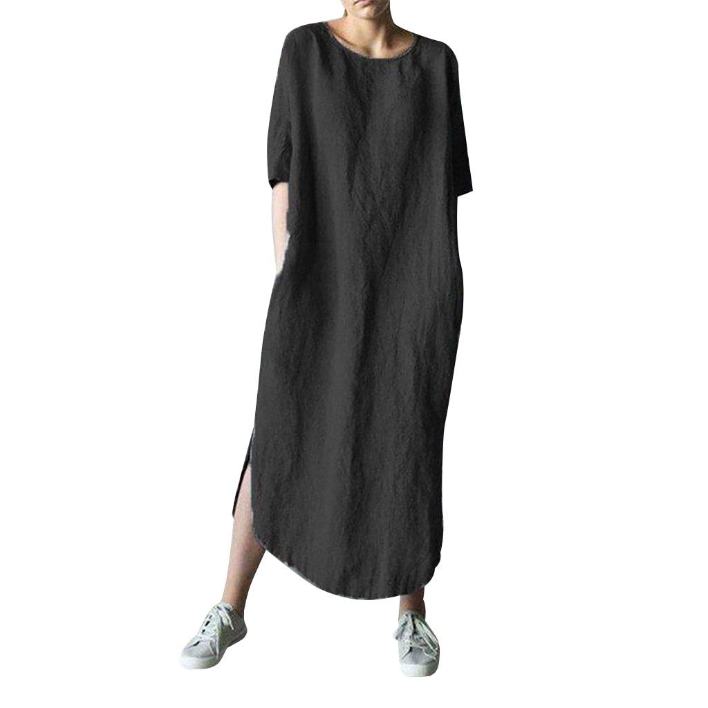 Fashion Women Solid Color Cotton And Linen Long Sleeve O-neck Fold Casual Dress #snr