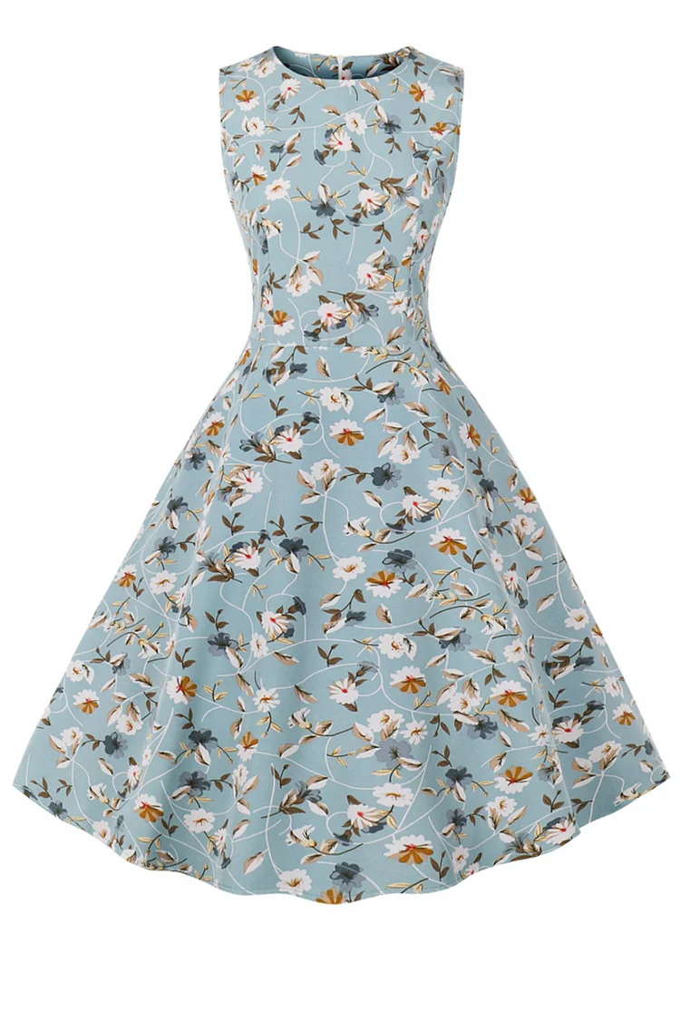 1950s Light Blue Casual Ditsy Print Sleeveless Swing Midi Dress