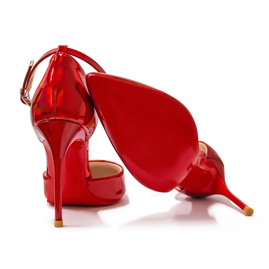 100mm Women's Ankle Strap Pointed Toe Pumps Wedding Party Red Bottoms High Heels Stiletto Shoes-MERUMOTE